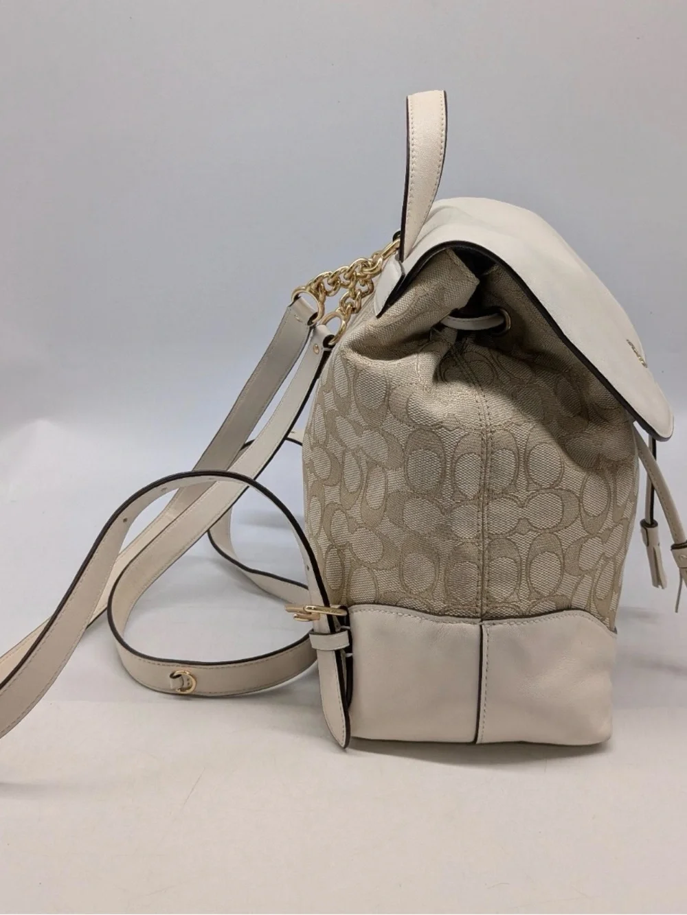 Auth COACH Signature Jacquard Khaki/Cream Canvas & Leather ELLE Backpack F73313